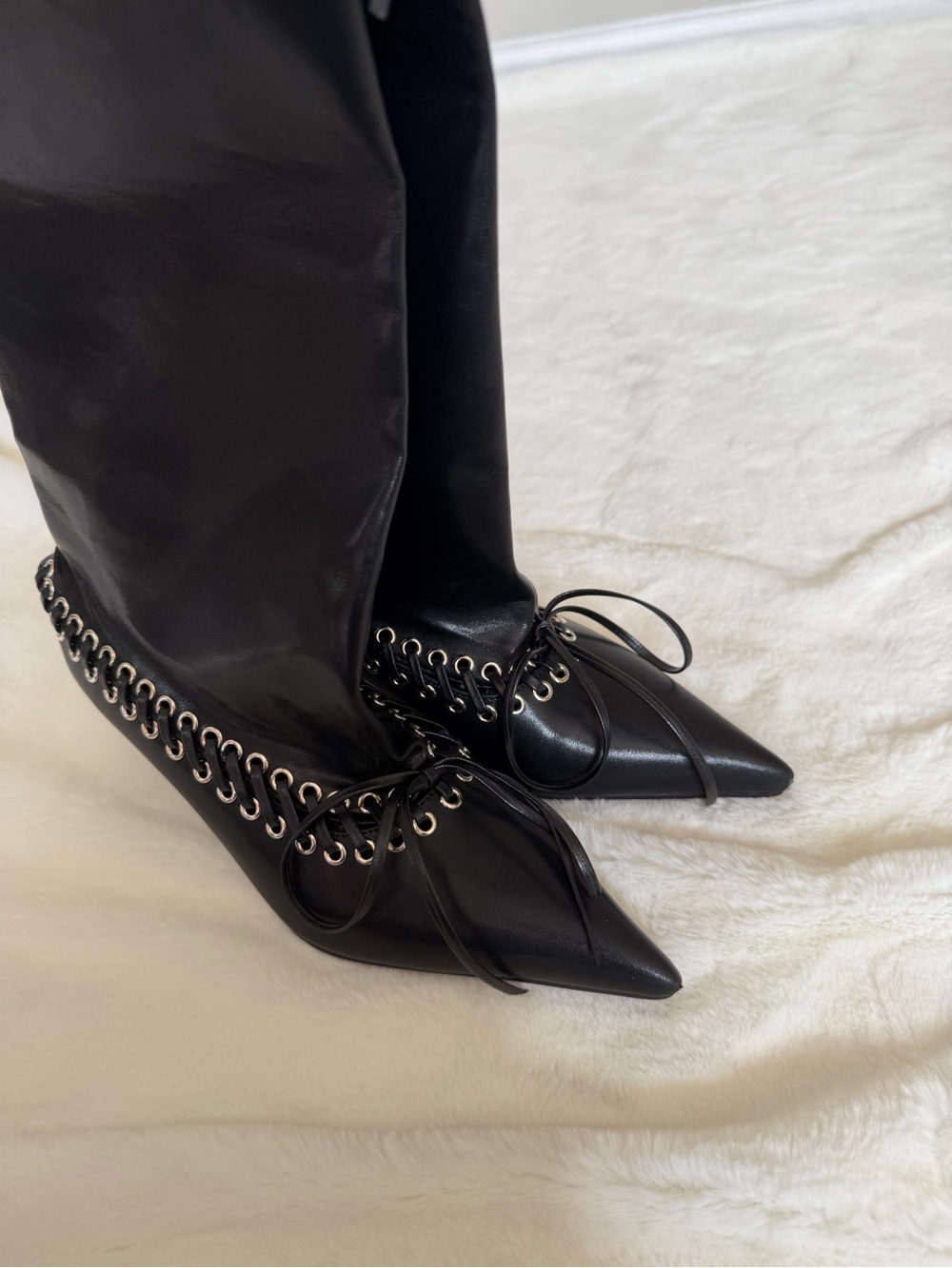 Goolita Metal Eyelets Pointed Toe Knee High Boots Women Kitten Heel Size 7 - Picture 16 of 16